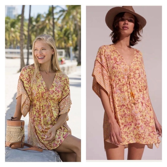Poupette St. Barth Dresses & Skirts - POUPETTE ST BARTH Amaya Kaftan Mini Dress Yellow Jardin Floral Small NWT